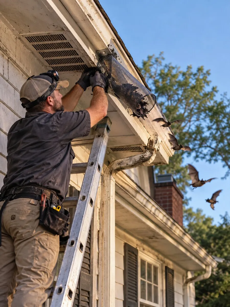 Technician working beside a mesh bat exclusion device under roof eaves